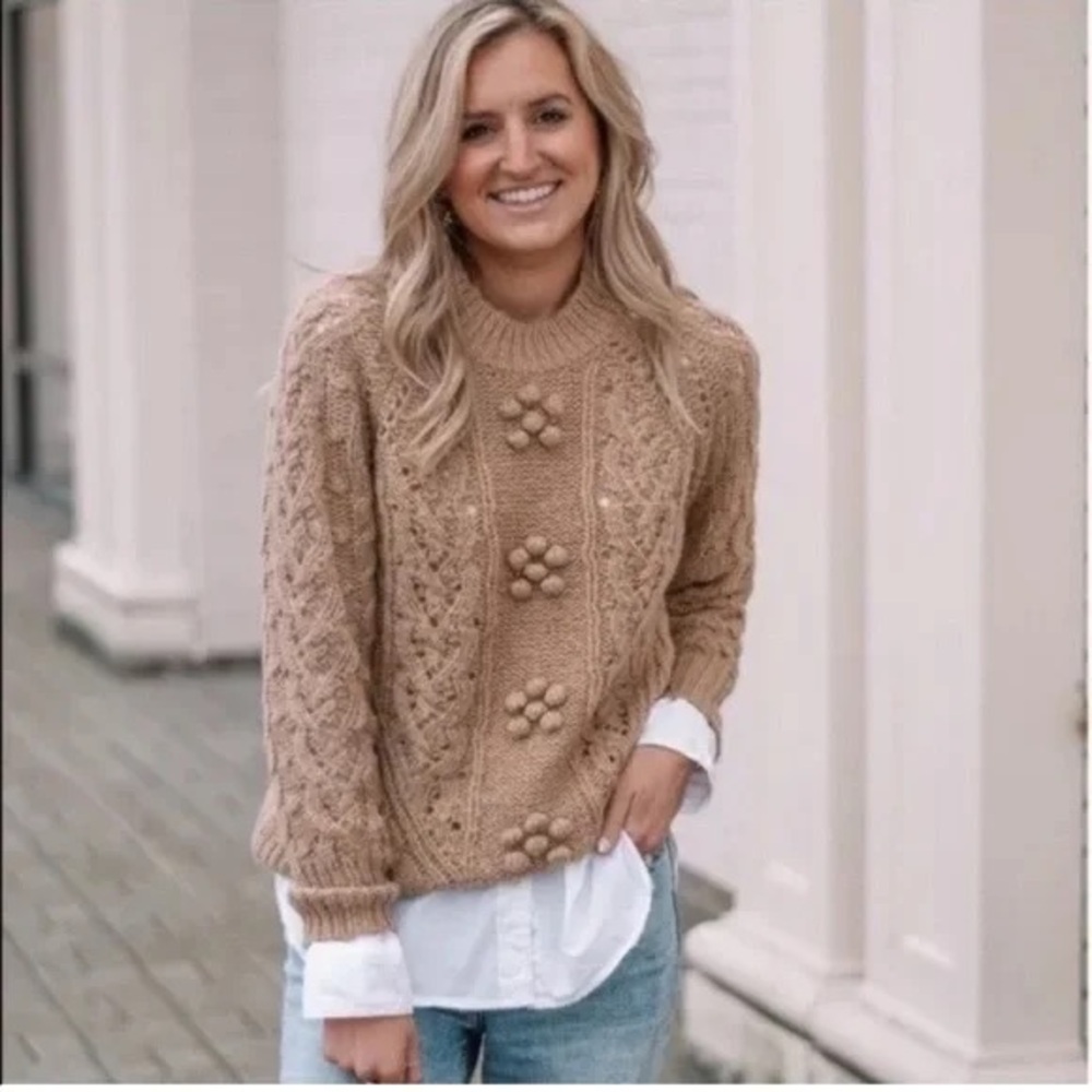 J. CREW Brown Alpaca Wool Blend Cable Knit Pointelle Popcorn Flowers Sweater